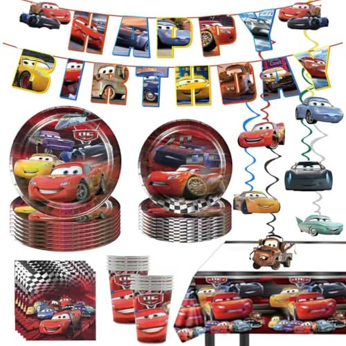 88 Psc Cars Birthday Party Supplies Set, Cars Theme, Plates, Cups, Utensils, Napkins, Tablecloth