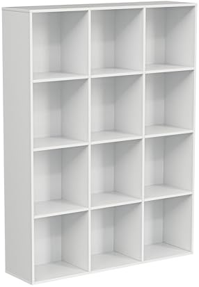 VDNEND Bücherregal Holz mit 12 Fächer und Geschlossener Rückwand, Würfelregal Weiß, Regal Wohnzimmer, Raumtrenner Regal, Aufbewahrungsregal, Raumteiler, Büroregal, Aktenschrank, 121 x 24 x 91,4 cm