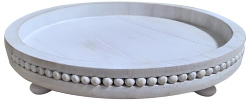 Packool Rustic White Distressed Wooden Tray, 12 Inch Round Coffee Table Decor Tray, Smooth Surface, Elegant Farmhouse Style, Non-Slip Base, Perfect for Home Decor and Organizing