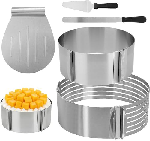 Weciau Cercle a Patisserie, 5 Set Reglable Cercle Gateau en Acier Inoxydable, 2 Tailles Cercle Patisserie pour Gateau Kit avec Lève-Gâteau, Coupe-Gâteau et Spatule, Ustensiles à Pâtisserie Accessoires
