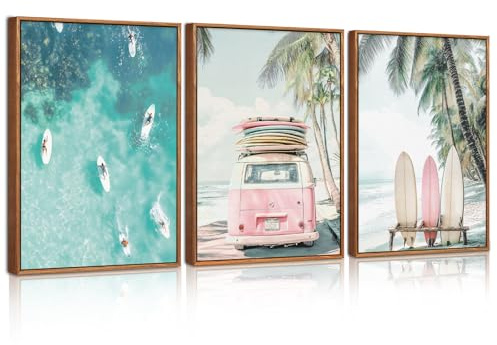 ANHUIB 3 Teiliges Strand Wandbild Set mit Surf-Motiven Gerahmt Retro Bus Palmen Surfer Küsten Deko Sommer Thema Wandbilder für Bad Wohnzimmer Schlafzimmer Strandhaus Leinwandbild Strand Meer 30×40cm