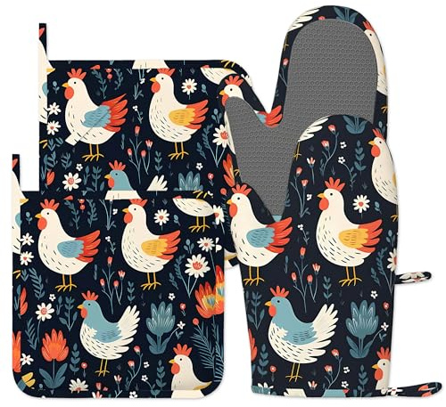 Cute Chicken Oven Gloves Silicone Oven Mitts and Pot Holders Sets of 4, Vintage Kitchen Gloves Hot Holders for Kitchen Baking Cooking Housewarming Gifts