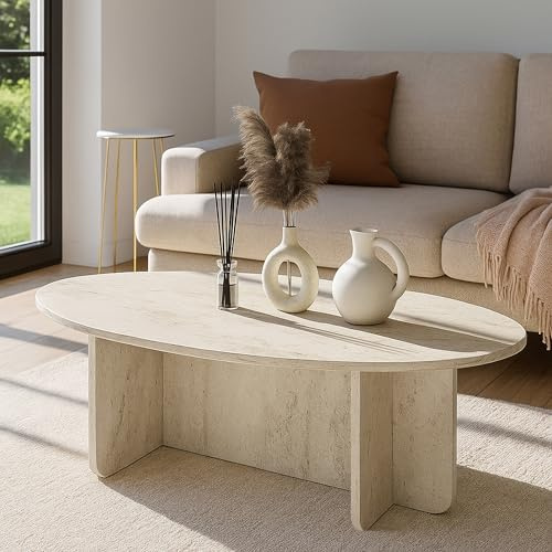 moebel17 Couchtisch oval 120x60 cm Travertin-Optik – ovaler Wohnzimmertisch in Stein-Optik, Beige – moderner Sofatisch Wohnzimmer – Beistelltisch Couch, Couchtisch Holzoptik