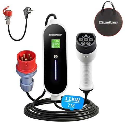 Mobile Wallbox 11kW, 7 m, 3-phasig, 6–16 A, Ladekabel CEE-16A EV Charger | CE- und TÜV-zertifiziert,Typ 2, Einstellbare Ladeleistung,CEE-auf-Schuko-Adapter, für ID.3/4/5/7, MG4, Model 3/Y, BEV/PHEV