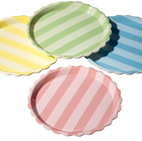 Darthome Melamine Scalloped Stripe Dinner Plates, Set of 4, Pink, Blue, Green, Yellow, 25cm, Shatterproof, Dishwasher Safe