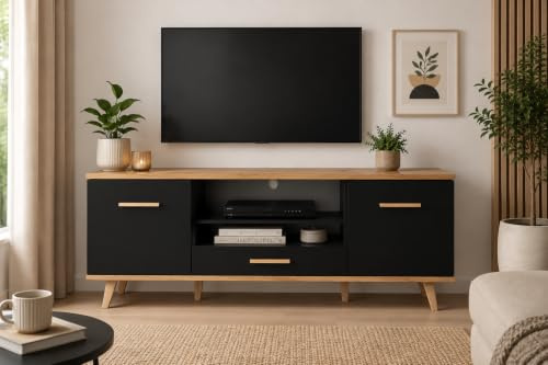 MRBLS_HOME Scandi TV-Lowboard 137x55x36 cm mit 2 Türen und Schublade, TV-Schrank auf Holzfüßen, Schwarz Matt/Wotan Eiche, Fernsehtisch für Wohnzimmer