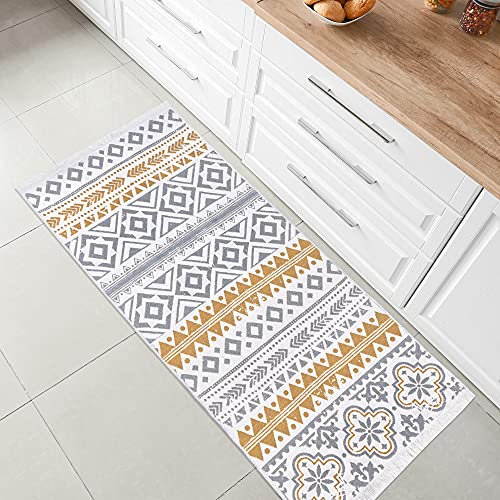 Fashion4Home Teppich Kurzflor - Boho Kelim Teppich, Wohnzimmerteppich, Schlafzimmer und Küchenteppich, Teppich Läufer, Flur Teppich, Kinderzimmerteppich Ceramic-Hellgrau-Gold, Grüße: 80x200 cm