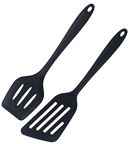 2 Piezas Espátula de Ranurada, Silicona Pala de Pescado, Espátula de Cocina, Antiadherente, Resistente al Calor, Apta para Lavavajillas, para Cocinar, Prensar, Huevos de Pescado, Tortitas (Negro)