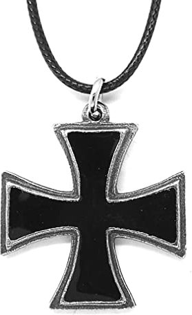 DH Pewter Black Iron Cross Pendant Necklace in a Grey Burlap Pouch