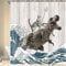 Boziqr Lustiger Katzen-Duschvorhang, Coole Katze, Dinosaurier, japanische Ozeanwelle, Dekorstoff, Badezimmervorhänge, Kinder, rustikaler Holz-Bauernhaus-Duschvorhang, 178 x 178 cm