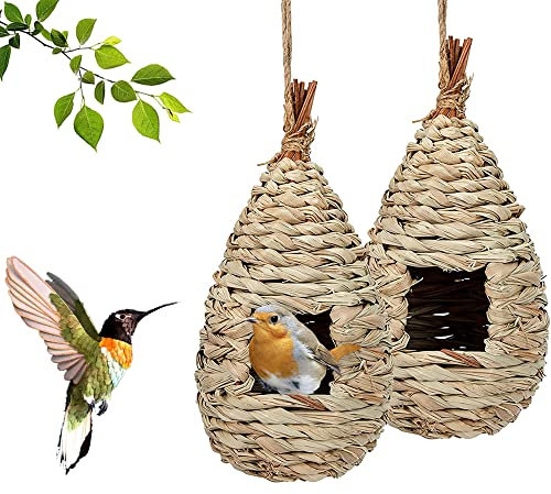 Vogelnest Gras, 2 Stück Gras Bird Nest, Handgewebte Vogelhäuser, Verschleißfest Hängender Vogelnest, Handgewebte Vogelhütte Gras Bird Nest, für Wellensittich Meise, Kanarienvogel, Amsel (11.5x22 cm)