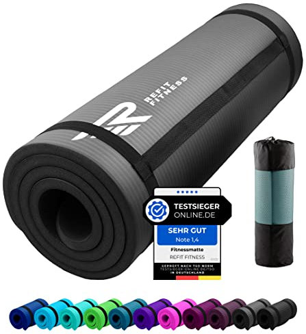REFIT FITNESS Gymnastikmatte Profi 190 x 60 x 1.5 cm Grau PainProtect SmartCell NBR rutschfeste Yoga Matte Pilates Sport Gymnastik Yogamatte 15 MM Sportmatte Tragegurt Tasche