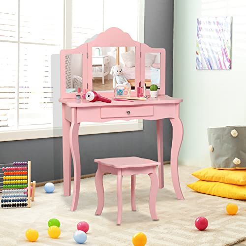 GYMAX Toeletta Bambina, Set Tavolo da Trucco con Sgabello, con Specchio in 3 Parti, Stile Principessa, 70 x 34 x 104 cm (Rosa)