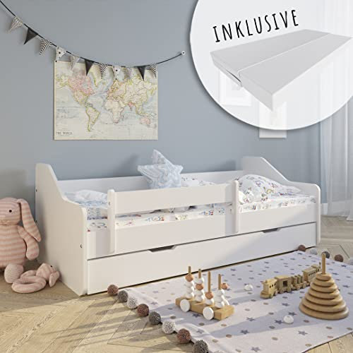 Kids Collective Kinderbett 80x160 cm mit Matratze, Rausfallschutz, Lattenrost & Schublade in weiß 160x80 Mädchen Jungen Bett Skandi