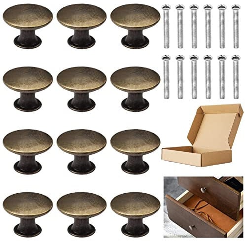 Xelparuc 12 PCS Bronze Drawer Knobs, Kitchen Cabinet Dresser Knobs, Vintage Copper Round Knobs Handles, with 12 Screws for Furniture Cabinets, Wardrobes, Cabinets and Drawers (ZMUK-129)