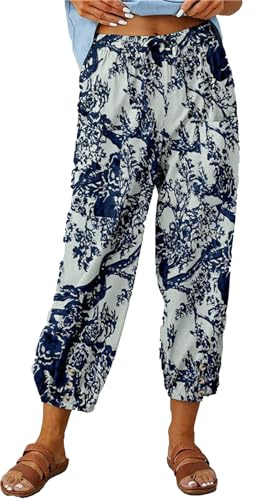 ASKSA Womens 7/8 Printing Linen Trousers Wide Pants Summer Casual Lightweight Loose with Pockets (White,3XL)