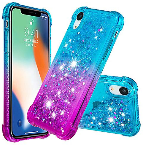 QIWEIQING Glitter Coque pour iPhone XR Étui, Brillant Amour Paillette Quicksands Filles Femmes Housse Clear Béquille Souple TPU Compatible avec iPhone XR.Blue Purple YBJ