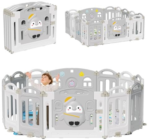Jopassy Laufstall Baby Laufgitter Baby, Laufstall Baby Faltbar mit Matratze und Geschichtenbox, Baby Laufstall 150×150cm, Baby Playpen mit Tür und Spielzeugboard, Laufstall für Babys und Kleinkinder