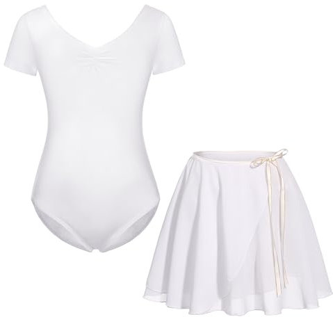 FONLAM Mädchen Ballettkleid Balletttrikot Kurzarm Tanzkleid Tanzbody Turnanzug Ballettrock Tutu Kinder Ballettanzug Baumwolle (5-6 Jahre, Weiß)