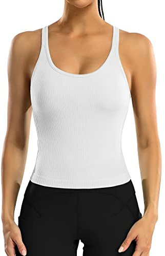 Attraco Sport Crop Top Set Damen Built-in BH Sporttop Tanktops Frauen Yoga Sport Top Damen Fitness Yoga Jogging Laufen Workout Fitness Gym Weiß L