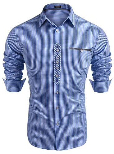 COOFANDY Chemise à manches longues en coton à carreaux pour homme - Chemise traditionnelle bavaroise avec poches, bleu marine, 3XL