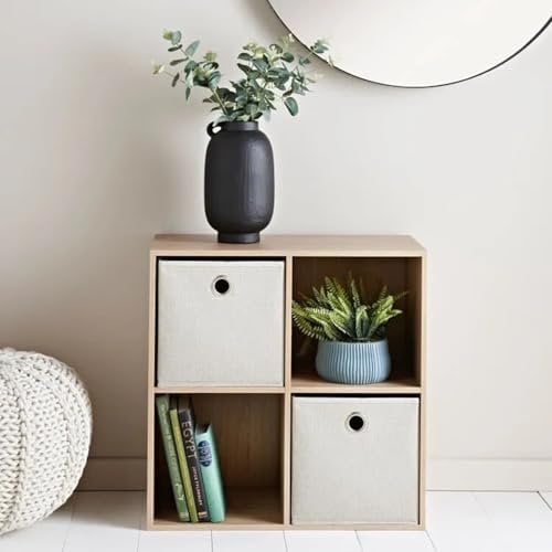 Homme Concept - 4 Cube Storage With 2 Baskets, Oak Effect Living Room Bookcase and Shelving Unit, Kids Bookcases, Free Standing Wooden Bookshelf, Organiser