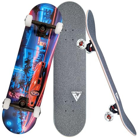 CONTRACT 5 Komplett Skateboard Miami-Beach - für Kinder und Jugendliche - 7-lagiges Ahornholz Deck - Medium Concave Standard Popsicle Shape - für Anfänger, Profis, Mädchen & Jungs (7.5)