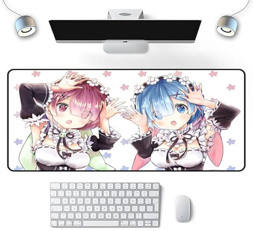 Großes Gaming-Mauspad, Japanisches Anime Re Zero Ram Rem Mouspad, XXL Mauspad, Tischmatte 800 x 300 mm, rutschfeste strukturierte Oberfläche für Computerspieler, Büro, Zuhause und Laptop