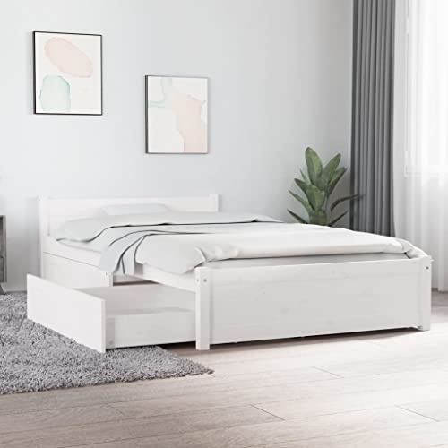 Runheo Bettgestell aus massivem Kiefernholz, weiß, 100x200 cm, mit 2 Schubladen, Robustes Plattformbett für Schlafzimmer, Stabiler Holzrahmen, Stauraumbett