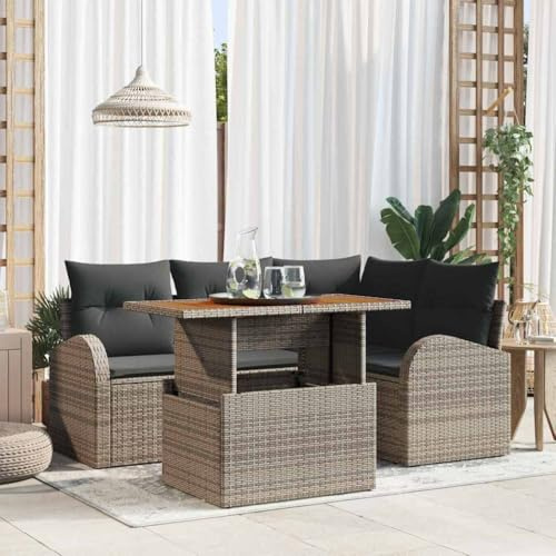 Hoopleep Garten-Sofa-Set mit Kissen, 5-teilig, Grau, aus Poly-Rattan & Akazienholz, UV-beständig, für Terrasse & Außenbereich, modulares Design, langlebige Sitzgruppe