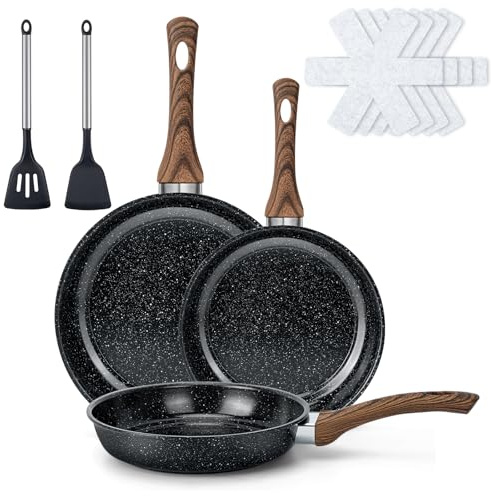 Colourcoco 9-teiliges Pfanne Induktion - 22/26/30cm Antihaftbeschichtetes Stapelba Pfanne, Hitzebeständiger Holzgriff, Ofenfest & für alle Herdarten Geeignet – Für Zuhause und Camping