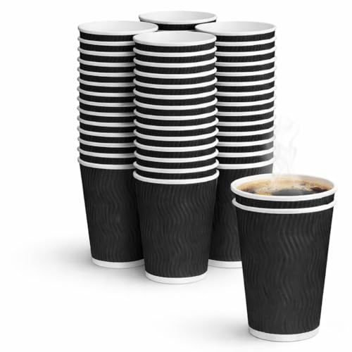 1ABOVE 12oz Black Ripple Wall Paper Cups – 50 Pack 3-Ply Insulated Disposable Coffee Cups for Hot Drinks, Tea, Cappuccino & Latte