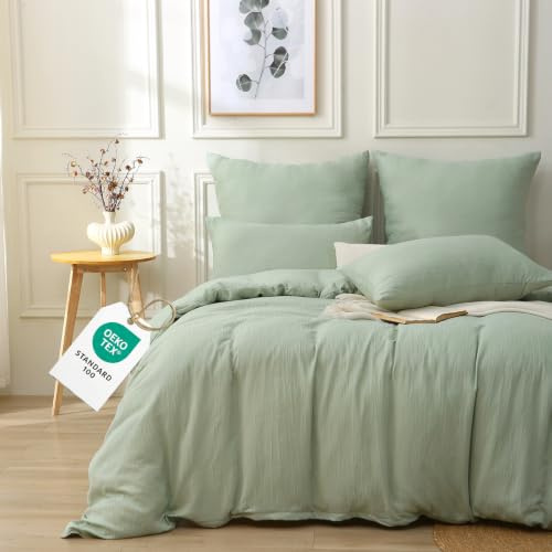 HOMHOMHA Musselin Bettwäsche 4teilig – atmungsaktive Mikrofaser in Musselin-Optik- ÖeKO-TEX zertifiziertes -2X Bettbezug 135x200 cm + 2X Kissenbezug 80x80 cm(Grün)