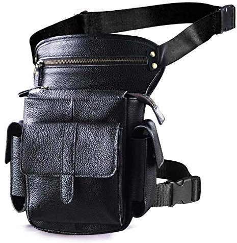 Le'aokuu Herren Echtes Leder Hüfttasche Gürteltasche Bauchtasche Reißverschluss Motorrad Messenger Pack Schultertasche 913-5 (B Schwarz)