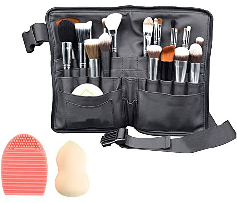 WasonD 32 Bolsillos Bolsa de Maquillaje Cosmético para Brochas Cuero de PU Delantal de Maquillador Pinceles Organizadores Make-up Pouches + Cepillo Limpieza Maquillaje