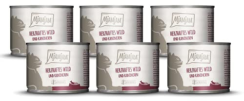 MjAMjAM - Premium Nassfutter für Katzen - herzhaftes Wild & Kaninchen an fruchtigen Heidelbeeren, 6er Pack (6 x 200 g), getreidefrei mit extra viel Fleisch