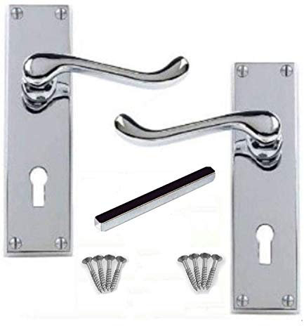 IRONZONE® A Set of Quality Polished Chrome Victorian Scroll Lever Lock Door Handles, Includes fixings and Fittings for Internal Doors