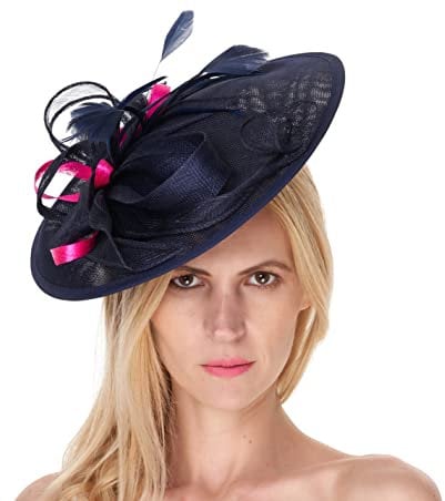 Caprilite Navy and Fuchsia Hot Pink Sinamay Big Disc Saucer Fascinator Hat for Women Weddings Headband