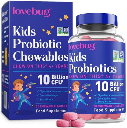 lovebug PROBIOTICS for Kids – Probiotic Chewables with Prebiotic Fiber for Age 4+, Daily Children's Gut Health, Constipation, Sugar-Free Berry Flavor, 30 ct