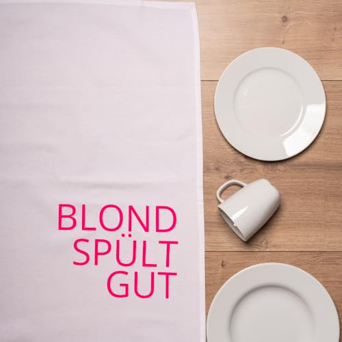 Geschirrtuch weiss, BLOND SPÜLT GUT, neon pink
