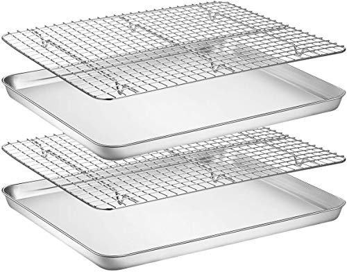 Umiten Baking Sheet & Rack [2-in-1], Stainless Steel Cookie Pan with Cooling Rack, Checkered Baking Sheet, Oven Safe, Non-Toxic, Heavy Duty, Easy Clean (16 x 12 x 1 inch)