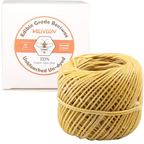 MILIVIXAY Hanfdocht mit natürlicher Bienenwachs-Beschichtung, essbares Bienenwachs, 60 m Spule, Standardgröße (1 mm), ungebleicht, Nicht gefärbt und 100% biologisch.