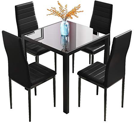 Jooli Glass Table and Chairs Set 4, 75cm Square Table with 4 Faux Leather High Back Chairs Modern Dining Room Sets for Home Kitchen Office, Black