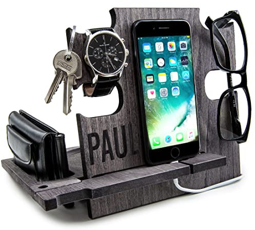 Personalisierte Dockingstation, Smartphone-Ständer - Nachttischhalter aus Holz, Geschenkidee für Männer (Slate Gray)