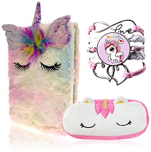 JINGYOU Plüsch Einhorn Notizbuch Set-Einhorn Notizbücher,Einhorn Schreibwaren Set,Regenbogen Einhorn Briefpapier Set,Back to School Supplies für Mädchen und Kinder