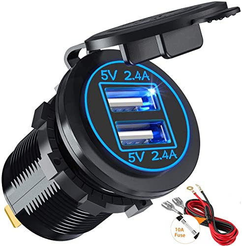 Car Charger Socket 5V/4.8A Waterproof Cigarette Lighter Splitte Adapter Fast Charger with LED Indicator for Vehicles, Trucks, Caravans, Marine, Motorcycles, Boats (Blue)
