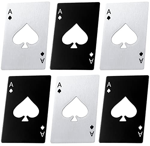 Poker Card Bottle Openers Stainless Steel Can Openers Beer Opener Ace Card Bottle Cap Openers Poker Cap Openers for Wedding Birthday Party Bridal Shower Table Tools Supplies (Silver, Black,6 Pieces)