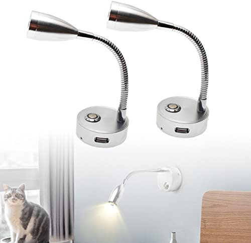 JUTTAUTO 12 V LED-Leselicht mit Push-Dimmschalter und USB-Ladegerät, Wohnmobil-Innenbeleuchtung, flexibler Schwanenhals, neben der Wand, für Wohnmobil, Van, Anhänger, LKW, Wohnmobil (Silber, 2 Stück)