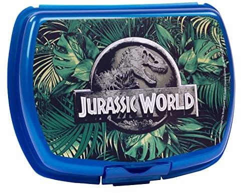 p:os Jurassic World - Fiambrera para niños con diseño de dinosaurio, caja de almuerzo de plástico con un compartimento y cierre de clip, ideal para el almuerzo en la escuela