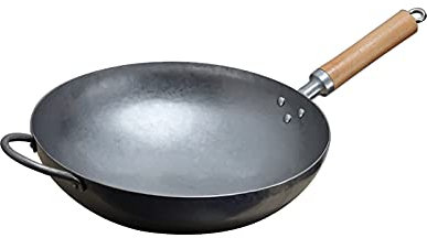 ksamwjf Craft Antihaft-Wok Traditioneller handgehämmerter Pow-Wok aus Karbonstahl mit Hilfsgriff aus Holz und Stahl (runder Boden) (Size : 34cm/13.3in)